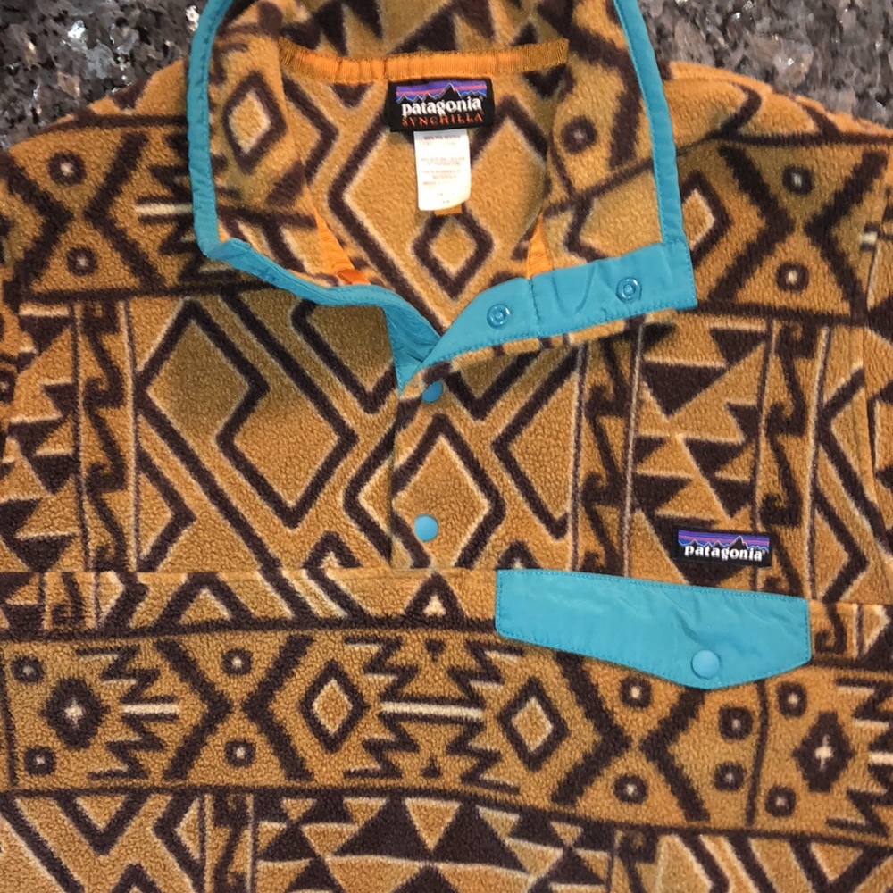 RARE Patagonia Synchilla Snap-T Fleece Pullover Montana Siete Bear Brown Tribal - Picture 9 of 15